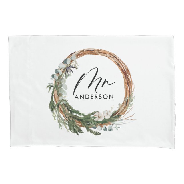 Green botanical wreath elegant script mr gift pillow case (Front)