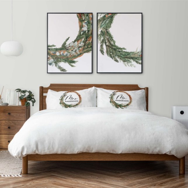 Green botanical wreath elegant script mrs pillow case (Creator Uploaded)