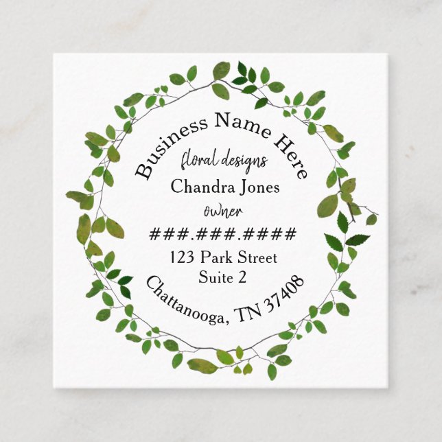 Green Botanical Wreath Florist Square Square Business Card (Front)