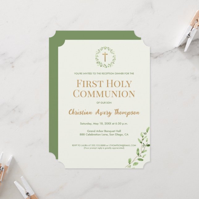 Green Botanical Wreath gold cross First communion  Invitation (Front/Back In Situ)