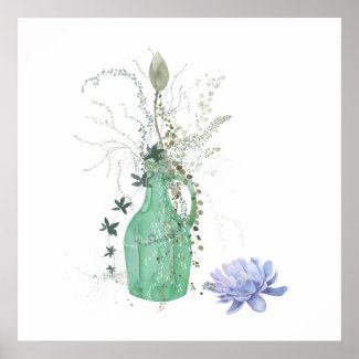 Green Bottle and Blue Waterlily Still Life Poster