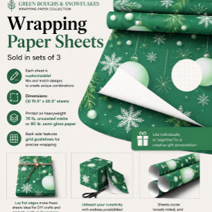 Green Boughs and Snowflakes Wrapping Paper Sheets