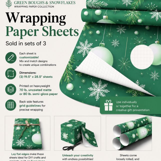Green Boughs and Snowflakes Wrapping Paper Sheets (Creator Uploaded)