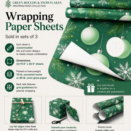 Green Boughs and Snowflakes Wrapping Paper Sheets