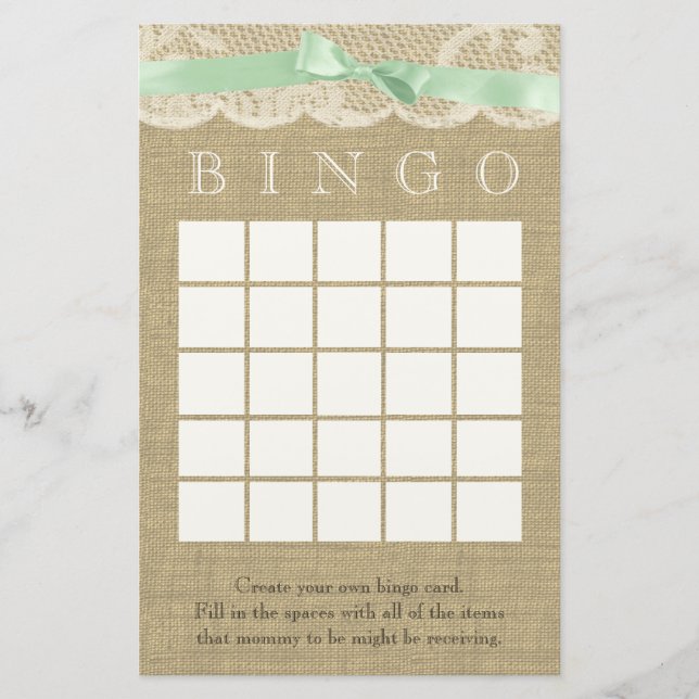 Green Bow and Vintage Lace Shower Bingo (Front)