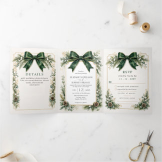 Green Bow Botanical Winter Christmas Wedding Tri-Fold Invitation