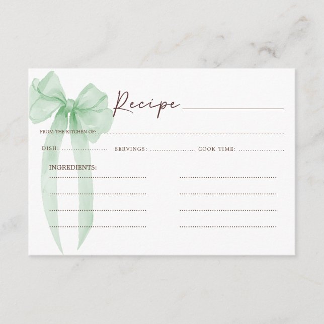 Green Bow Bridal Shower Recipe Enclosure Card (Front)