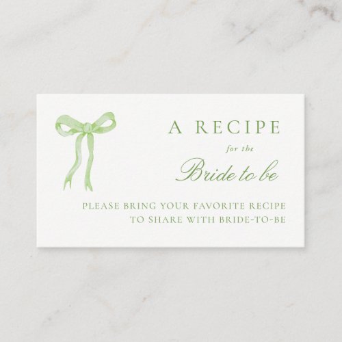 Green Bow Bridal Shower Share A Recipe Enclosure Card