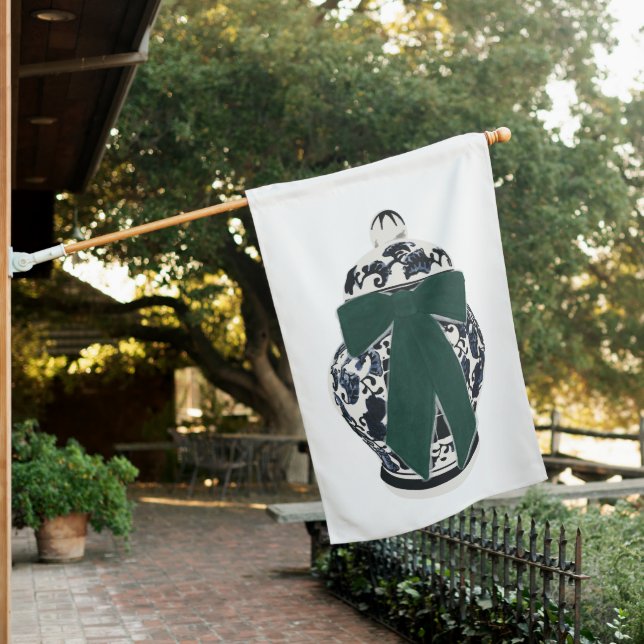 Green Bow Chinoiserie Vase House Flag (In SItu)