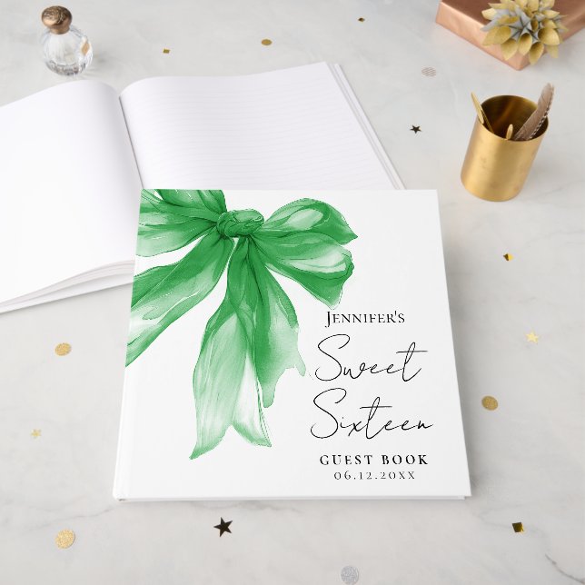 Green Bow Coquette Script Sweet 16 Party  Guest Book (Front Open)