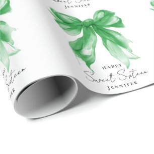 Green Bow Coquette Script Sweet 16 Party Wrapping Paper