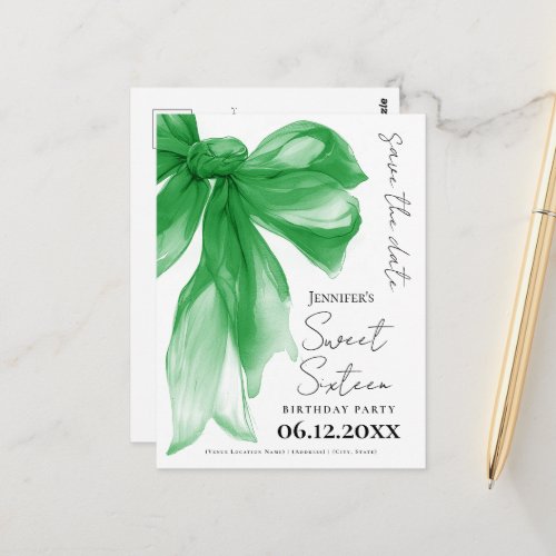 Green Bow Coquette Sweet 16 Save the Date 