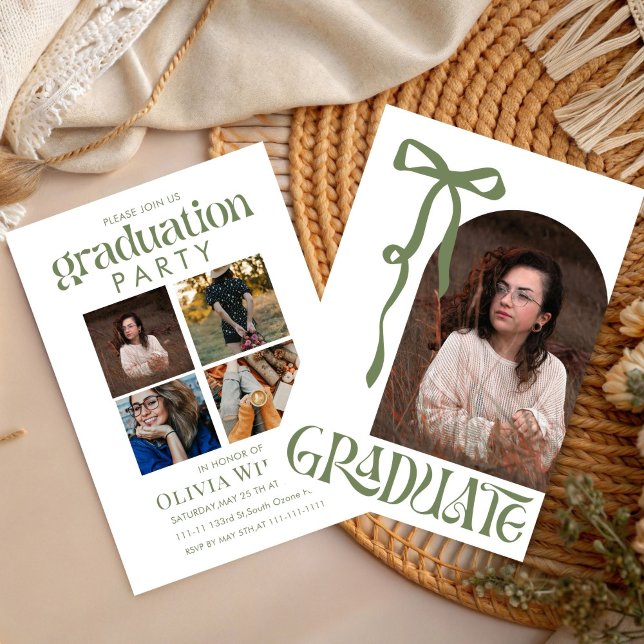 Green Bow Design Graduation with Photos Invitation (Creator Uploaded)