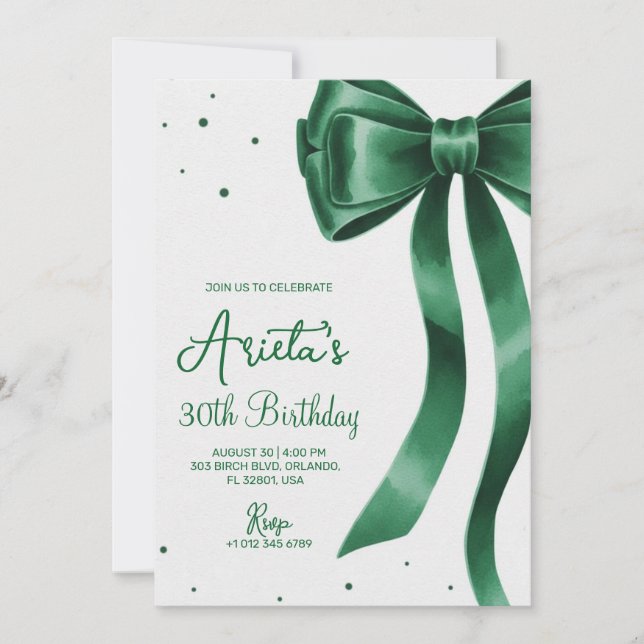 Green bow & elegant script stylish birthday  invitation (Front)