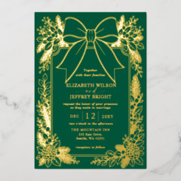 Green Bow Floral Winter Christmas Wedding Foil Invitation