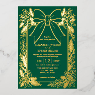 Green Bow Floral Winter Christmas Wedding Foil Invitation