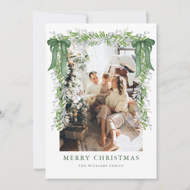 Green Bow Garland Christmas Photo Holiday Card (Front)