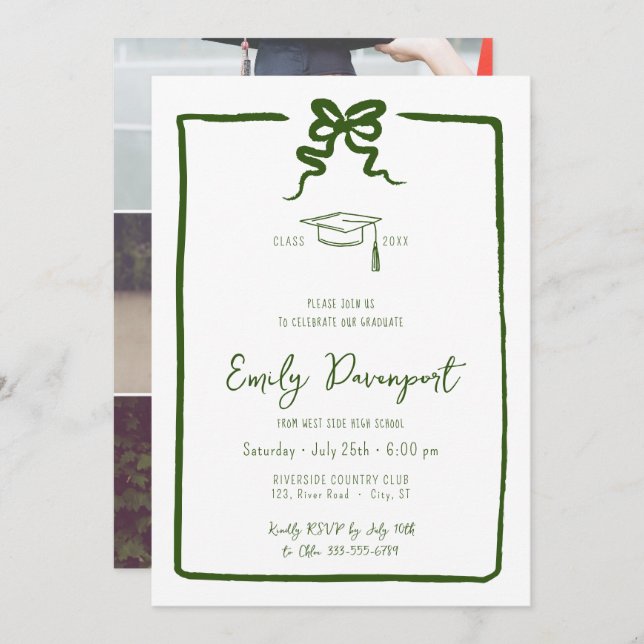 Green bow graduation 3 photos invitation (Front/Back)