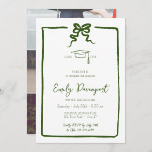 Green bow graduation 3 photos invitation