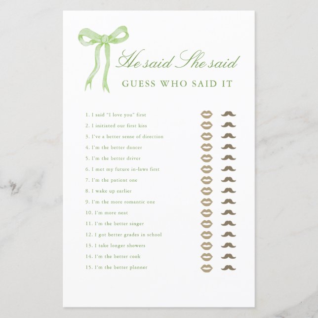 Green Bow He Said She Said Bridal Shower Game (Front)