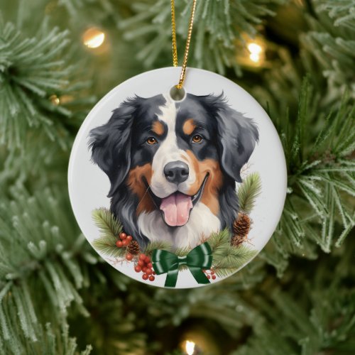 Green Bow Holly Wreath Bernese Mountain Dog Ceramic Ornament