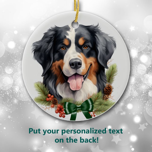 Green Bow Holly Wreath Bernese Mountain Dog Ceramic Ornament (Creator Uploaded)
