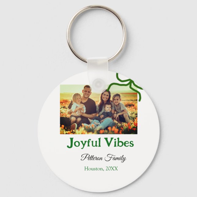 Green bow joyful Vibes add family photo name  Keychain (Front)