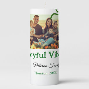 Green bow joyful Vibes add family photo name Pillar Candle