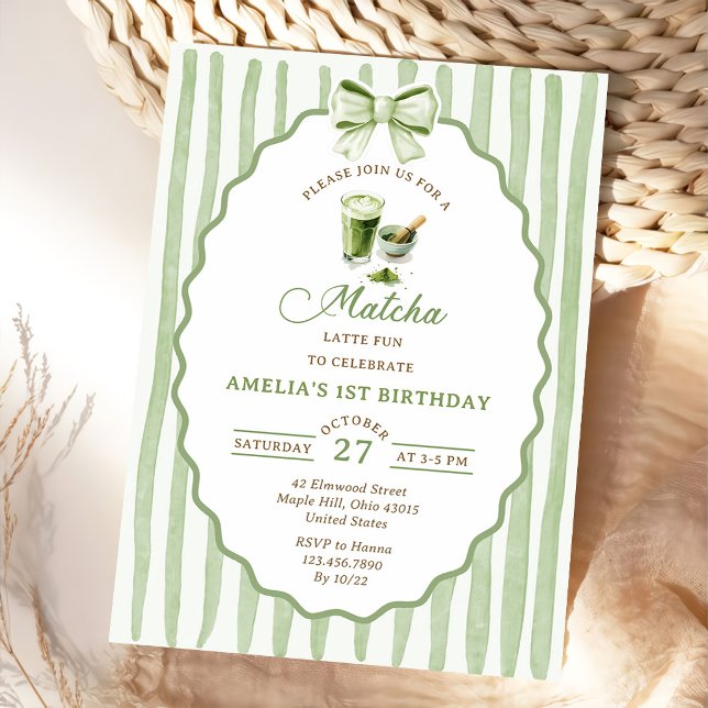 Green Bow Matcha Birthday Party Invitation (Creator Uploaded)