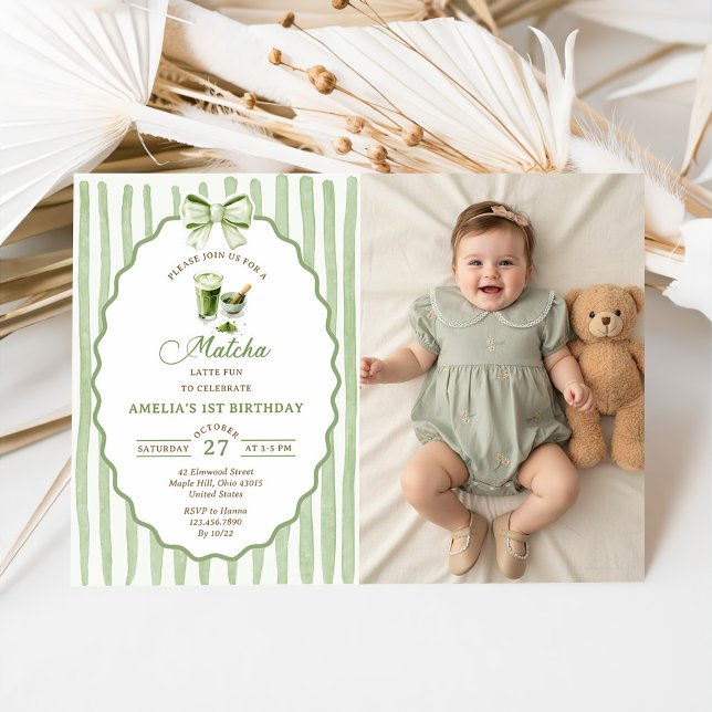 Green Bow Matcha Photo Birthday Party Invitation (Creator Uploaded)