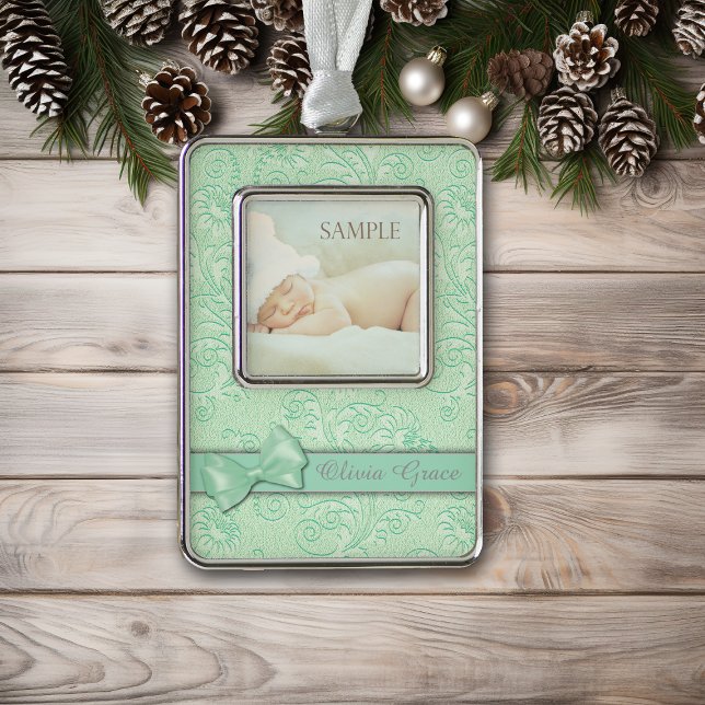 Green Bow Pastel Baby First Christmas Silver Plated Framed Ornament (Creator Uploaded)