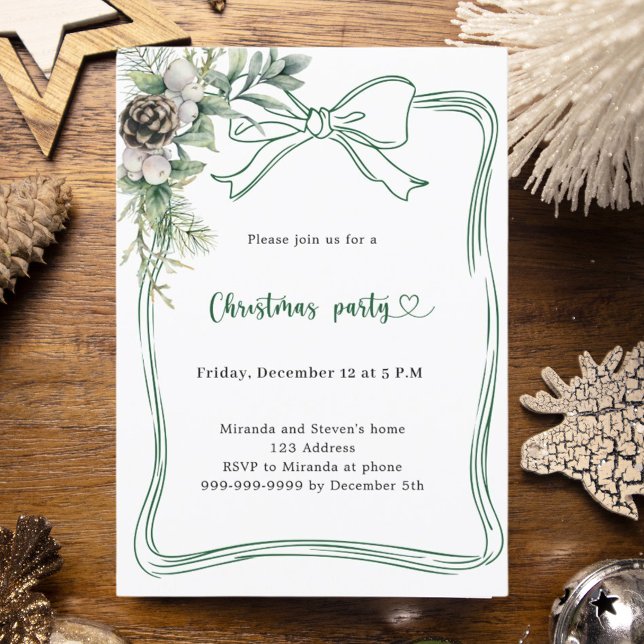 Green bow pine greenery Christmas Party Invitation (Creator Uploaded)