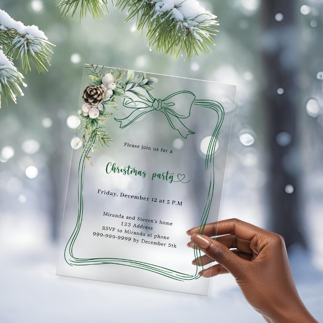 Green bow pine greenery frosted Christmas Party Acrylic Invitations (Creator Uploaded)