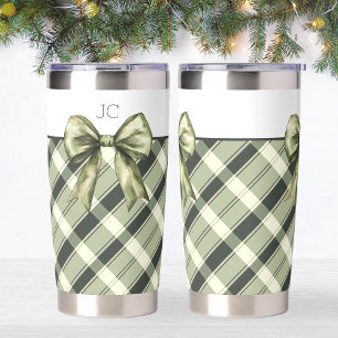 Green Bow Plaid Modern Monogrammed Coffee Lover Insulated Tumbler
