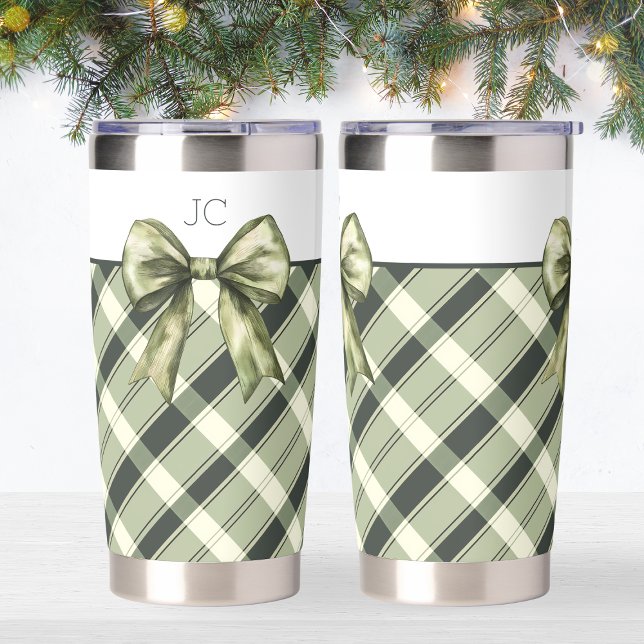 Green Bow Plaid Modern Monogrammed Coffee Lover Insulated Tumbler (Green Bow Plaid Modern Monogrammed Coffee Lover Insulated Tumbler)