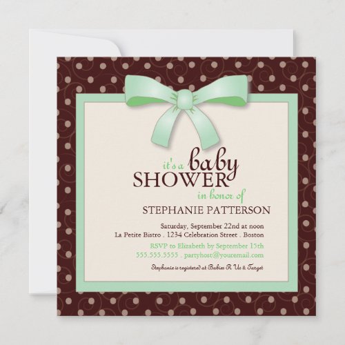 Green Bow Polka Dot Neutral Baby Shower Invitation
