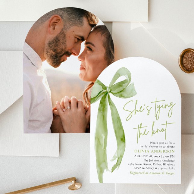 Green Bow She's Tying the Knot Arch Bridal Shower Invitation (Modern Elegant Green Bow Ribbon Coquette She's Tying the Knot Bridal Shower Invitation)