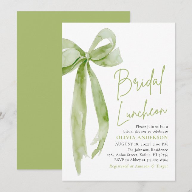 Green Bow She's Tying the Knot Bridal Luncheon Invitation (Front/Back)