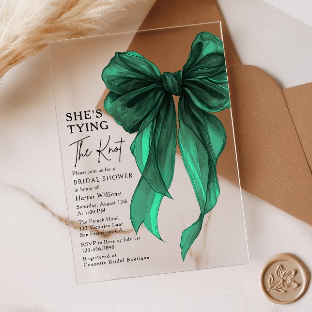 Green Bow She's Tying The Knot Bridal Shower Acrylic Invitations (Creator Uploaded)