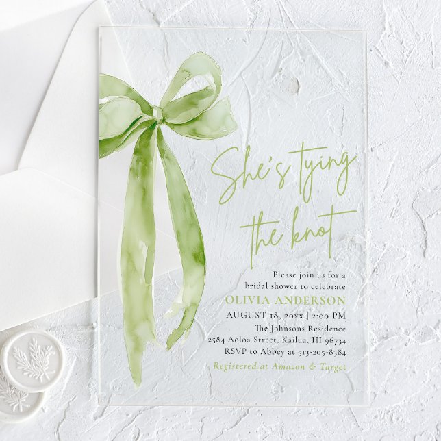Green Bow She's Tying the Knot Bridal Shower Acrylic Invitations (Creator Uploaded)