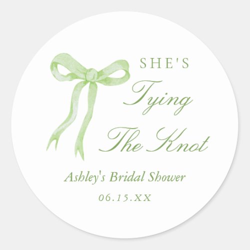 Green Bow Shes Tying The Knot Bridal Shower Classic Round Sticker