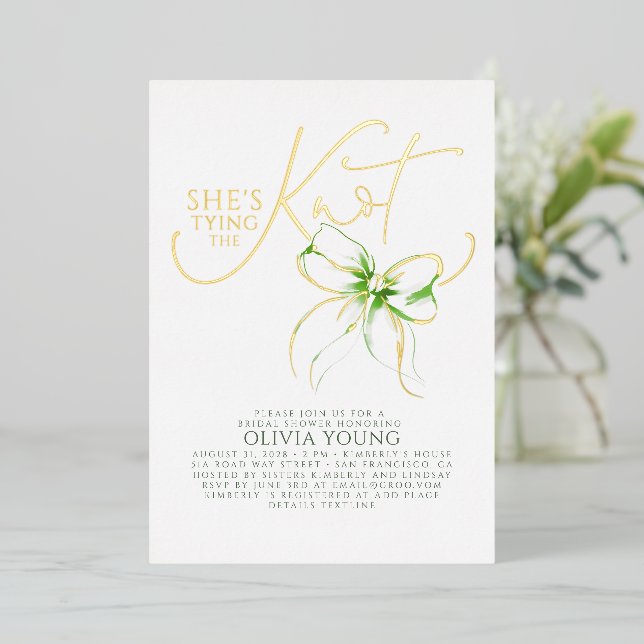Green Bow She's Tying The Knot Bridal Shower Foil Invitation (Standing Front)