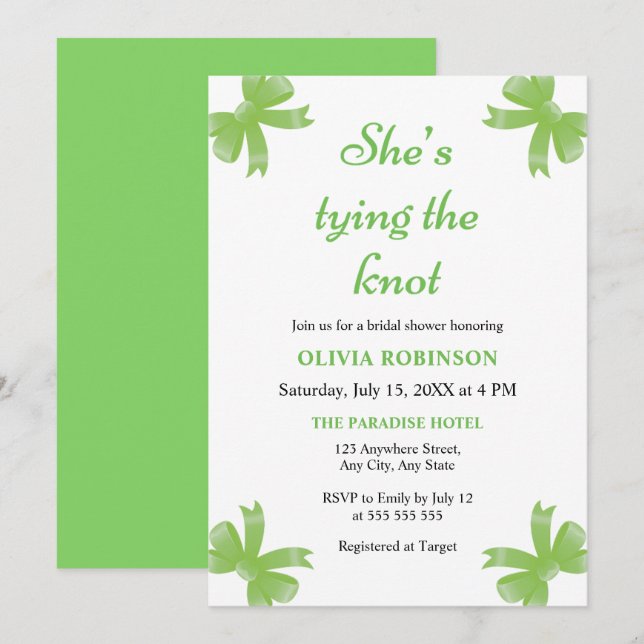 Green Bow She's Tying the Knot Bridal Shower  Invitation (Front/Back)