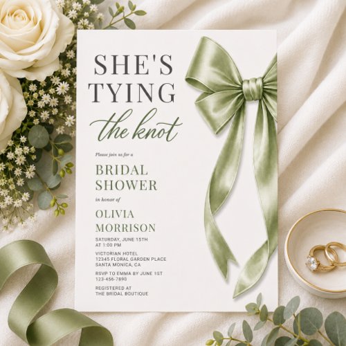 Green Bow She's Tying the Knot Bridal Shower Invitation
