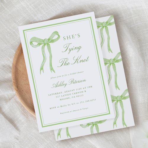 Green Bow Shes Tying The Knot Bridal Shower Invitation