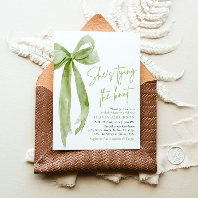 Green Bow She's Tying the Knot Bridal Shower Invitation | Zazzle