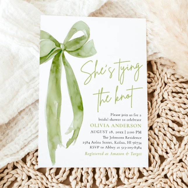 Green Bow She's Tying the Knot Bridal Shower Invitation (Modern Elegant Green Bow Ribbon Coquette She's Tying the Knot Arch Bridal Shower Invitation)