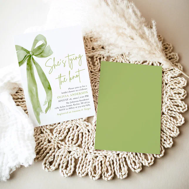 Green Bow She's Tying the Knot Bridal Shower Invitation | Zazzle