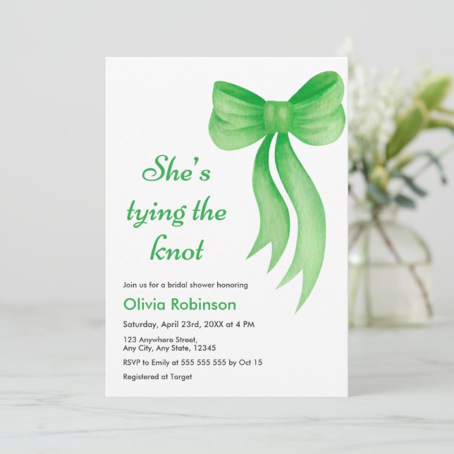 Green Bow She's Tying the Knot Bridal Shower   Invitation (Standing Front)