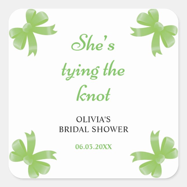 Green Bow She's Tying The Knot Bridal Shower Square Sticker (Front)